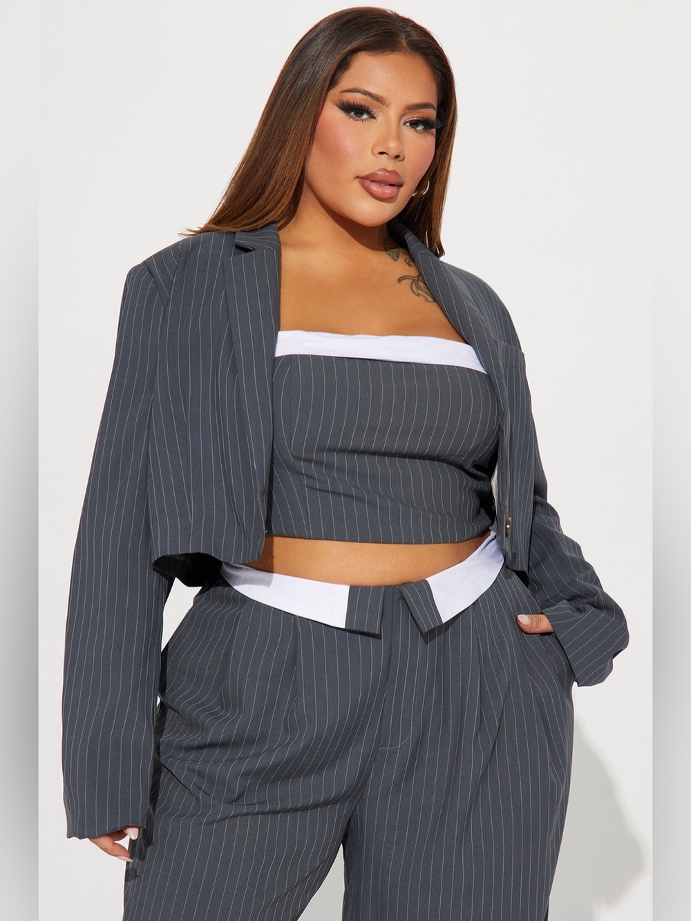 Fashion Nova Pinstripe Three-Piece Crop Top and Trousers Set - Charcoal Gray